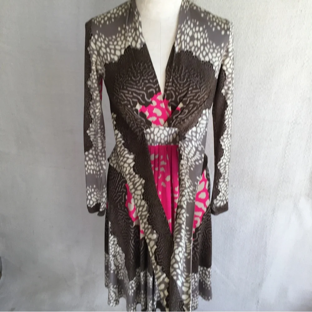 Issa London Dress M US8 UK12 Stretch Silk Animal Print Long Sleeve Brown Pink - Picture 5 of 10